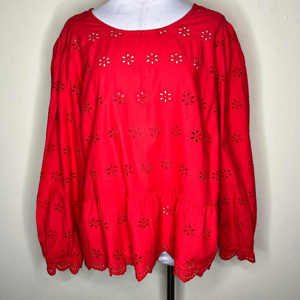 NWT Madewell Eyelet Peplum Top 3X Plus Size Red Scalloped Keyhole Versatile Chic